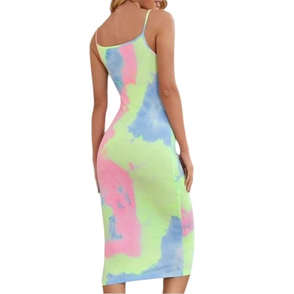Tie Dye pink, blue, neon yellow, Fitted Dress,Spaghetti straps, Summer, Large - Picture 5 of 9